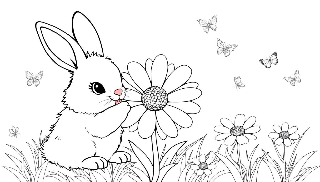 A cute bunny in a flower field color panel with butterflies.