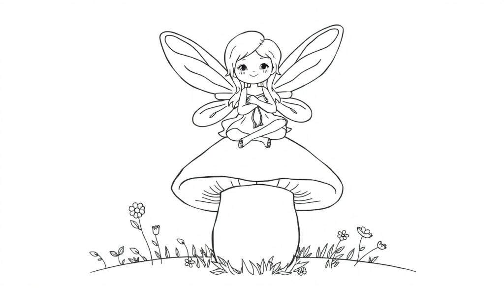 A cute fairy with sparkly wings and a flowy dress, sitting on a mushroom. Black and white coloring panel.