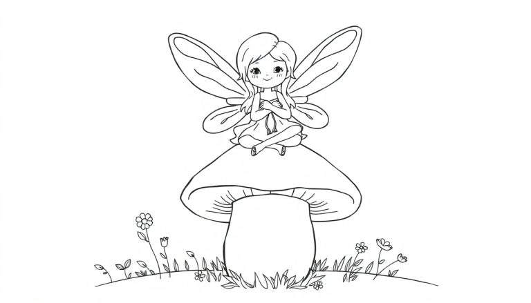 A cute fairy with sparkly wings and a flowy dress, sitting on a mushroom. Black and white coloring panel.