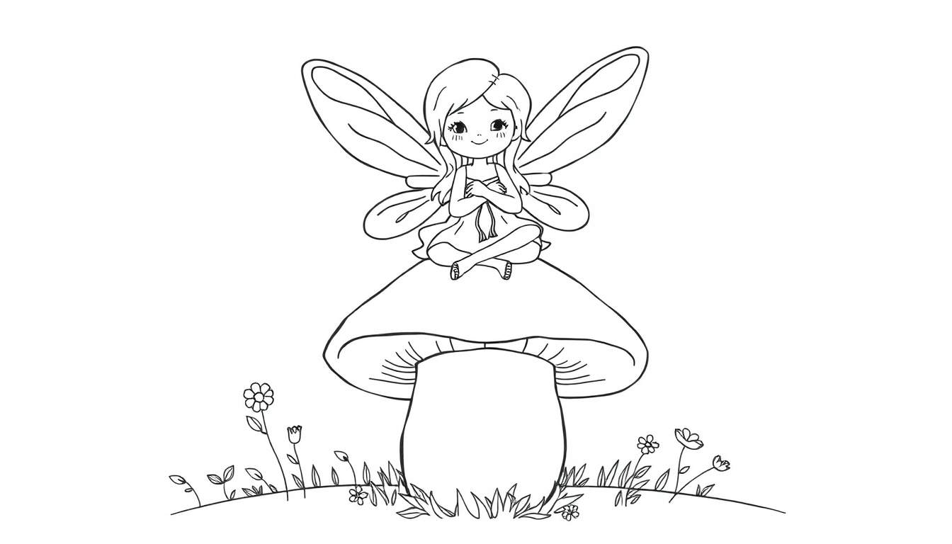 A cute fairy with sparkly wings and a flowy dress, sitting on a mushroom. Black and white coloring panel.