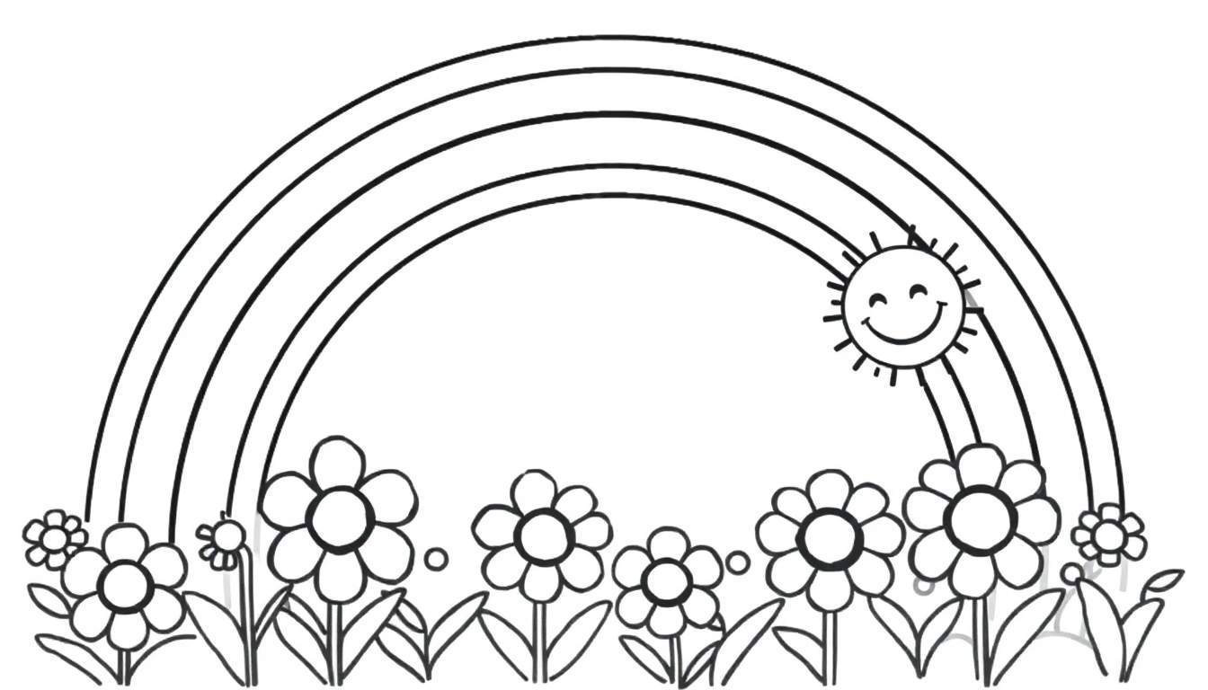 A black and white cartoon of a rainbow with a smiling sun and a field of flowers.
