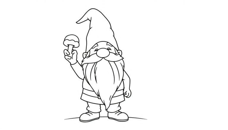 A friendly gnome with a long beard, wearing a pointy hat and holding a tiny mushroom. This is a black and white outline for coloring, a perfect color panel for little artists.