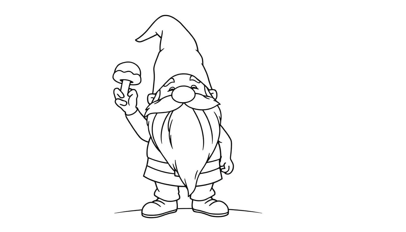 A friendly gnome with a long beard, wearing a pointy hat and holding a tiny mushroom. This is a black and white outline for coloring, a perfect color panel for little artists.