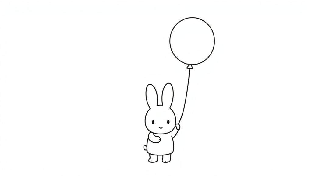 A cute black and white coloring page of Miffy the bunny, happily holding a big red balloon.