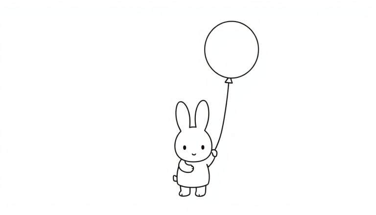 A cute black and white coloring page of Miffy the bunny, happily holding a big red balloon.