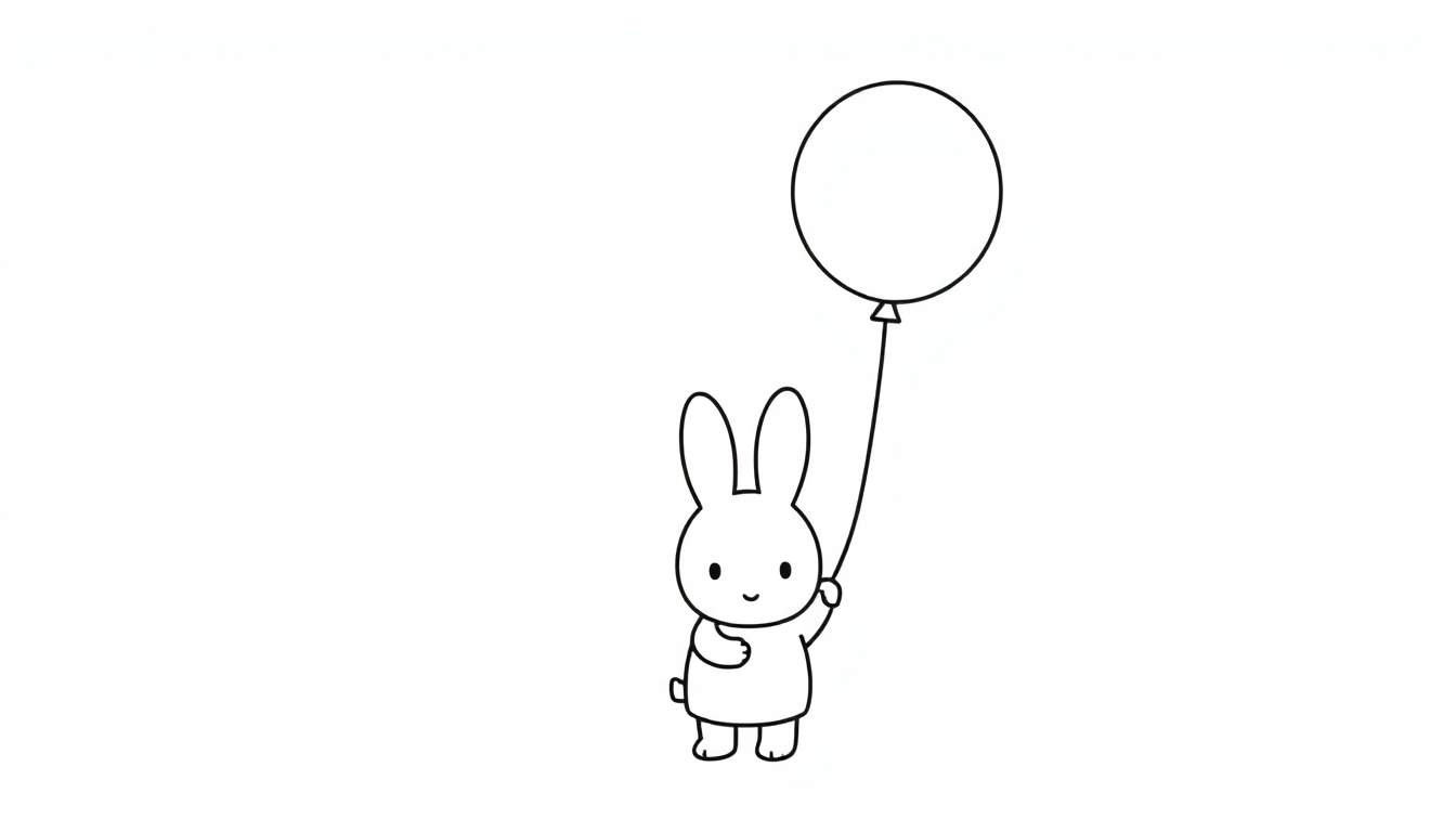 A cute black and white coloring page of Miffy the bunny, happily holding a big red balloon.