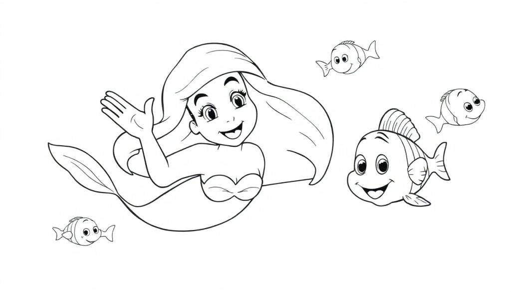 Ariel the mermaid waving hello with friendly fish, black and white color panel.
