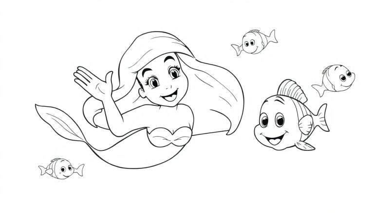 Ariel the mermaid waving hello with friendly fish, black and white color panel.