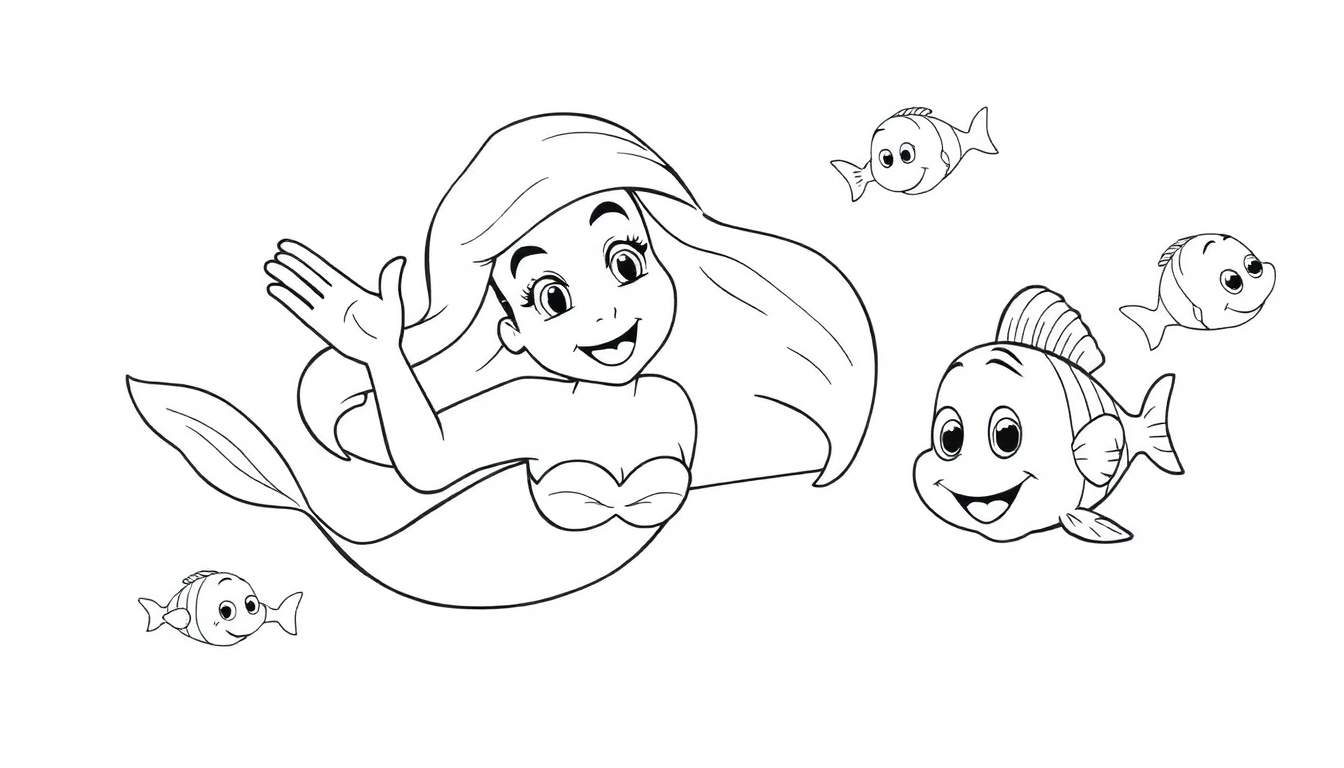 Ariel the mermaid waving hello with friendly fish, black and white color panel.