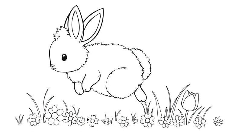 A black and white drawing of a fluffy bunny mid-leap in a grassy field with flowers, perfect for a color panel.