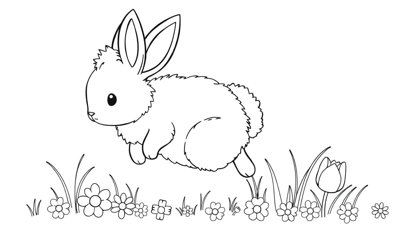 A black and white drawing of a fluffy bunny mid-leap in a grassy field with flowers, perfect for a color panel.