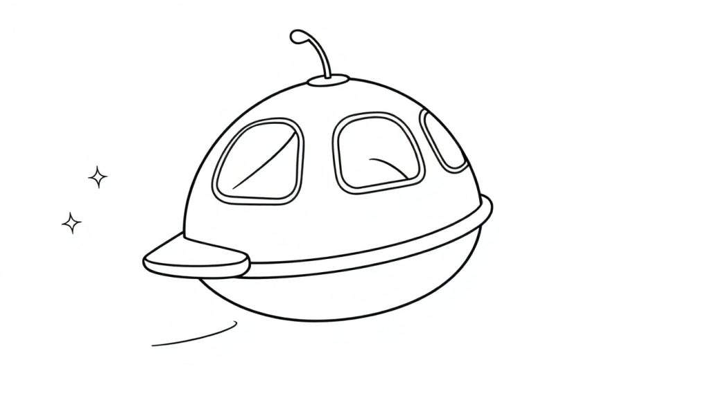 A cartoon spaceship with windows and a wing, ready for coloring on a color panel.