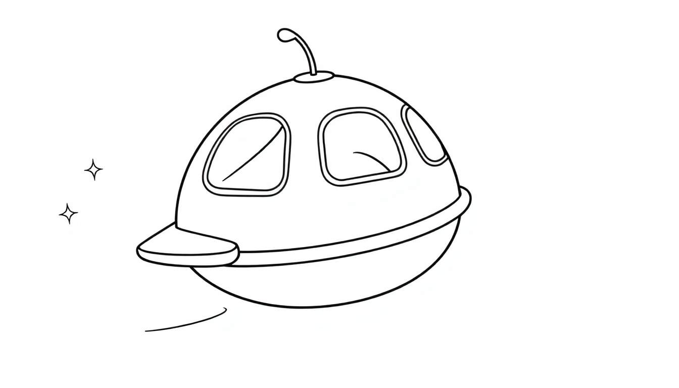 A cartoon spaceship with windows and a wing, ready for coloring on a color panel.