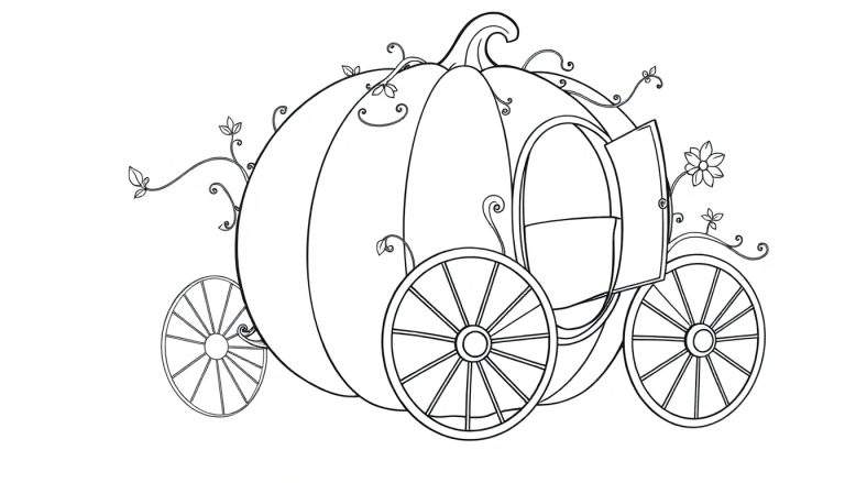 Cinderella's pumpkin carriage coloring panel. Black and white drawing with vines and wheels.