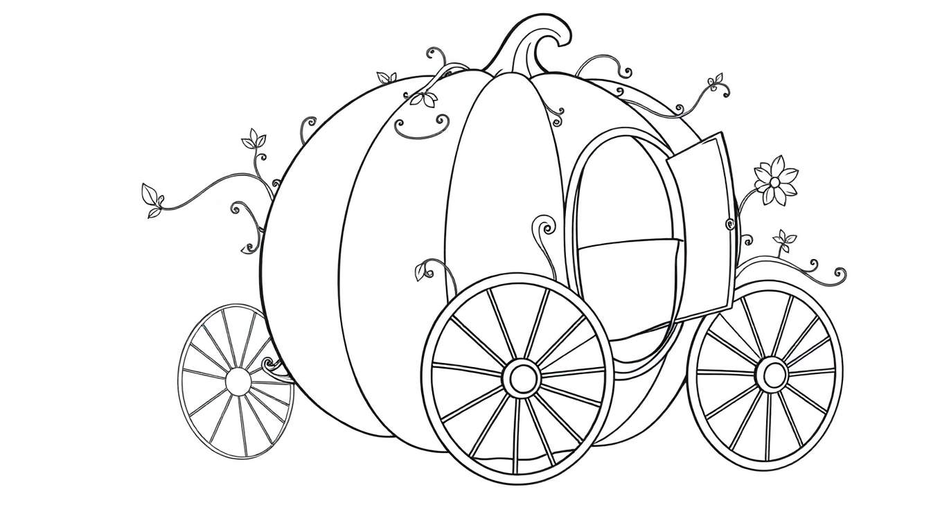 Cinderella's pumpkin carriage coloring panel. Black and white drawing with vines and wheels.