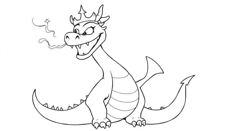 A cartoon dragon with a crown, breathing smoke, for a black and white color panel.