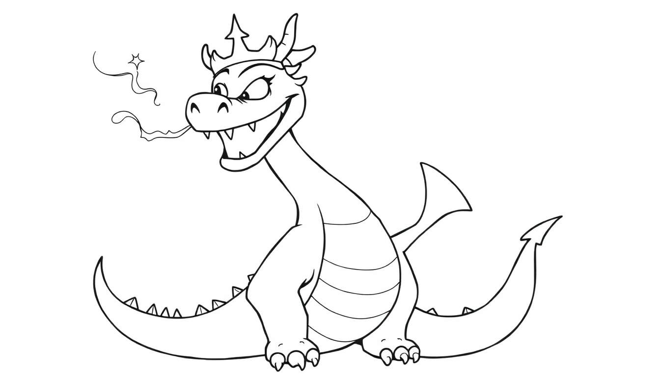 A cartoon dragon with a crown, breathing smoke, for a black and white color panel.