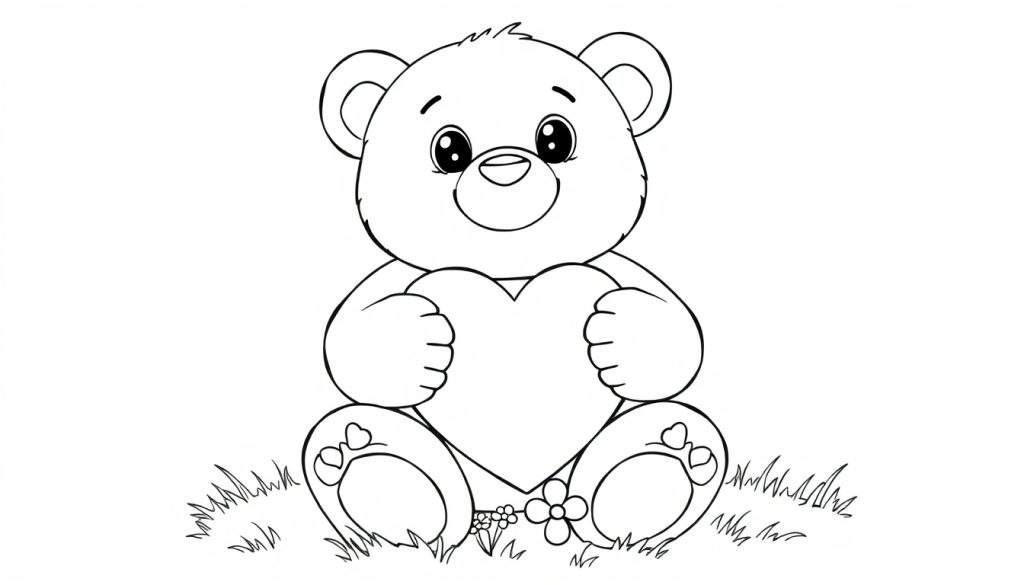 A cute black and white teddy bear sitting in the grass, holding a heart and ready for coloring. This color panel is a fun activity.