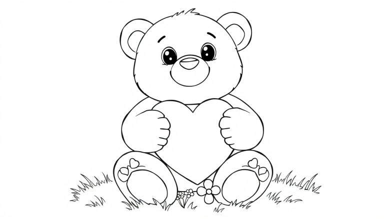 A cute black and white teddy bear sitting in the grass, holding a heart and ready for coloring. This color panel is a fun activity.