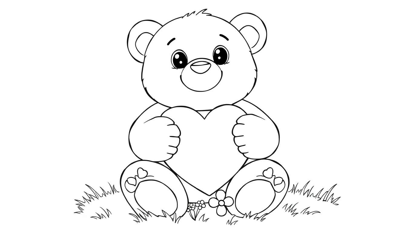 A cute black and white teddy bear sitting in the grass, holding a heart and ready for coloring. This color panel is a fun activity.
