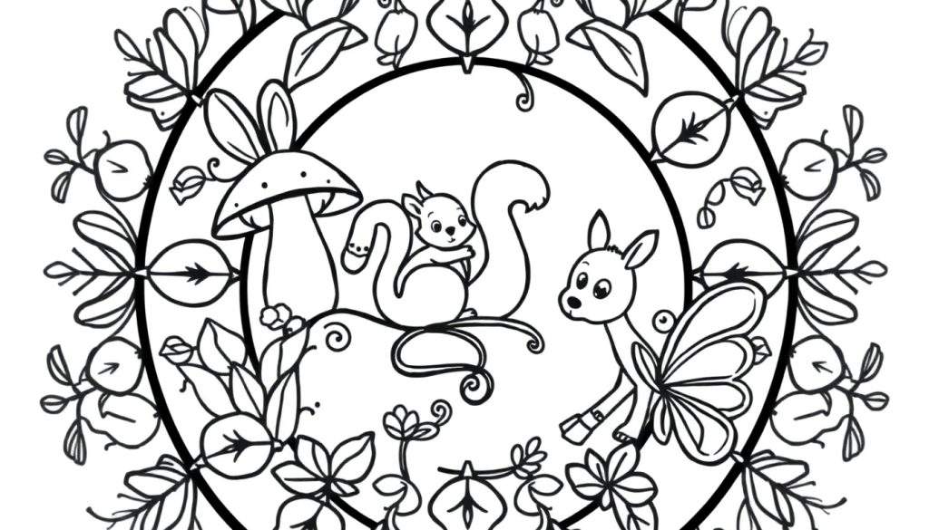 A black and white color panel of a mandala with a squirrel, deer, and mushroom.
