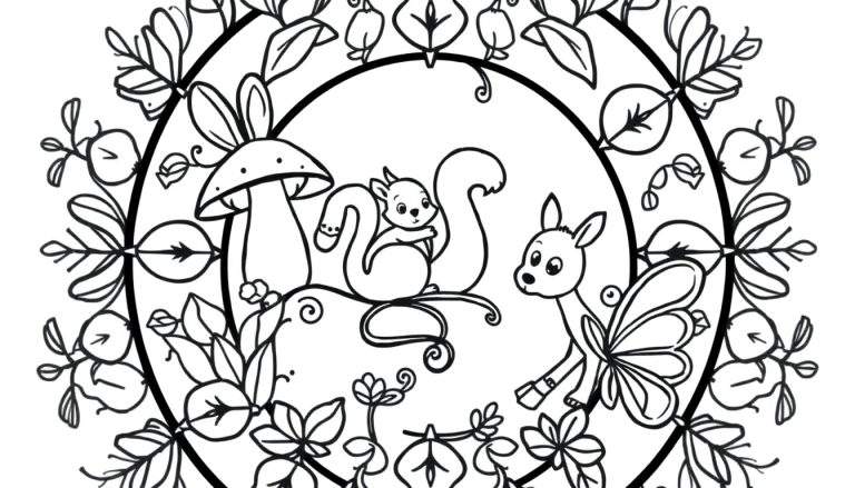 A black and white color panel of a mandala with a squirrel, deer, and mushroom.