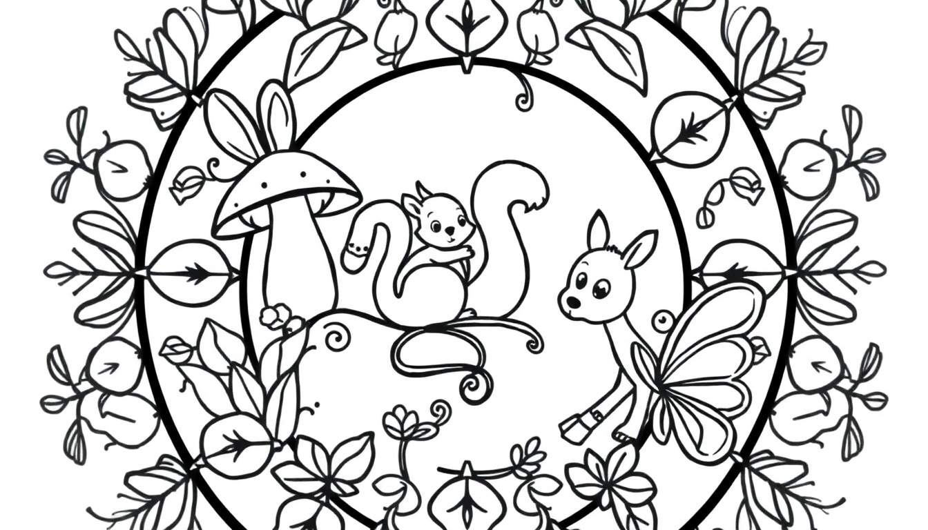 A black and white color panel of a mandala with a squirrel, deer, and mushroom.