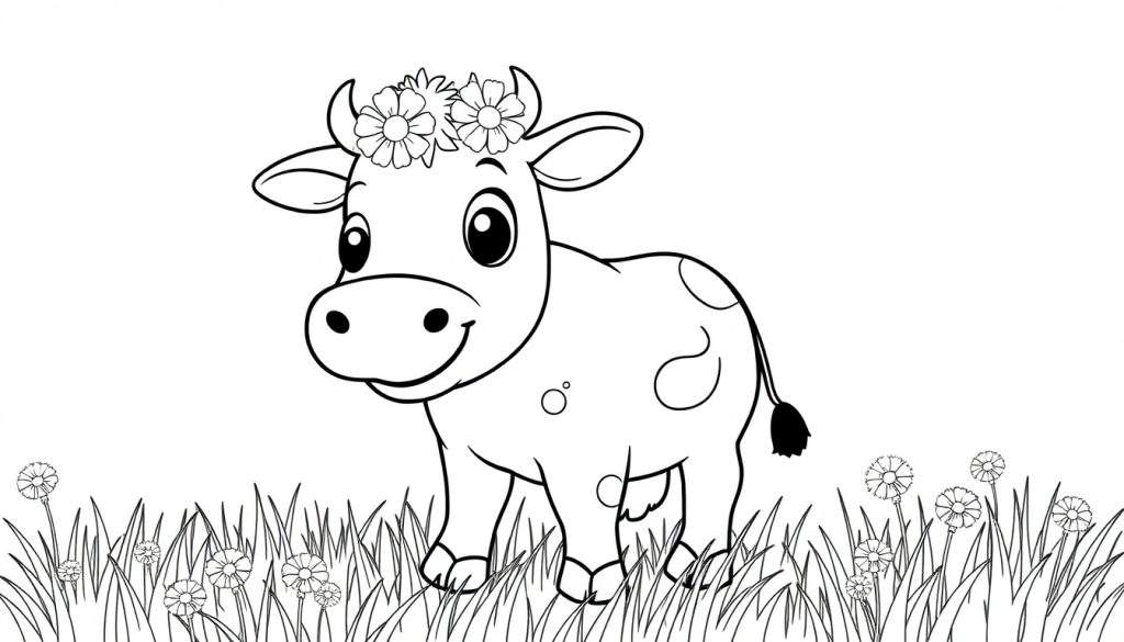 A black and white cartoon of a happy cow with a flower crown in a field, ready for a color panel.