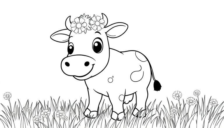 A black and white cartoon of a happy cow with a flower crown in a field, ready for a color panel.