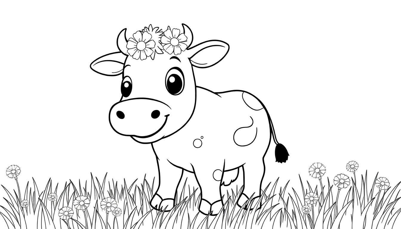 A black and white cartoon of a happy cow with a flower crown in a field, ready for a color panel.