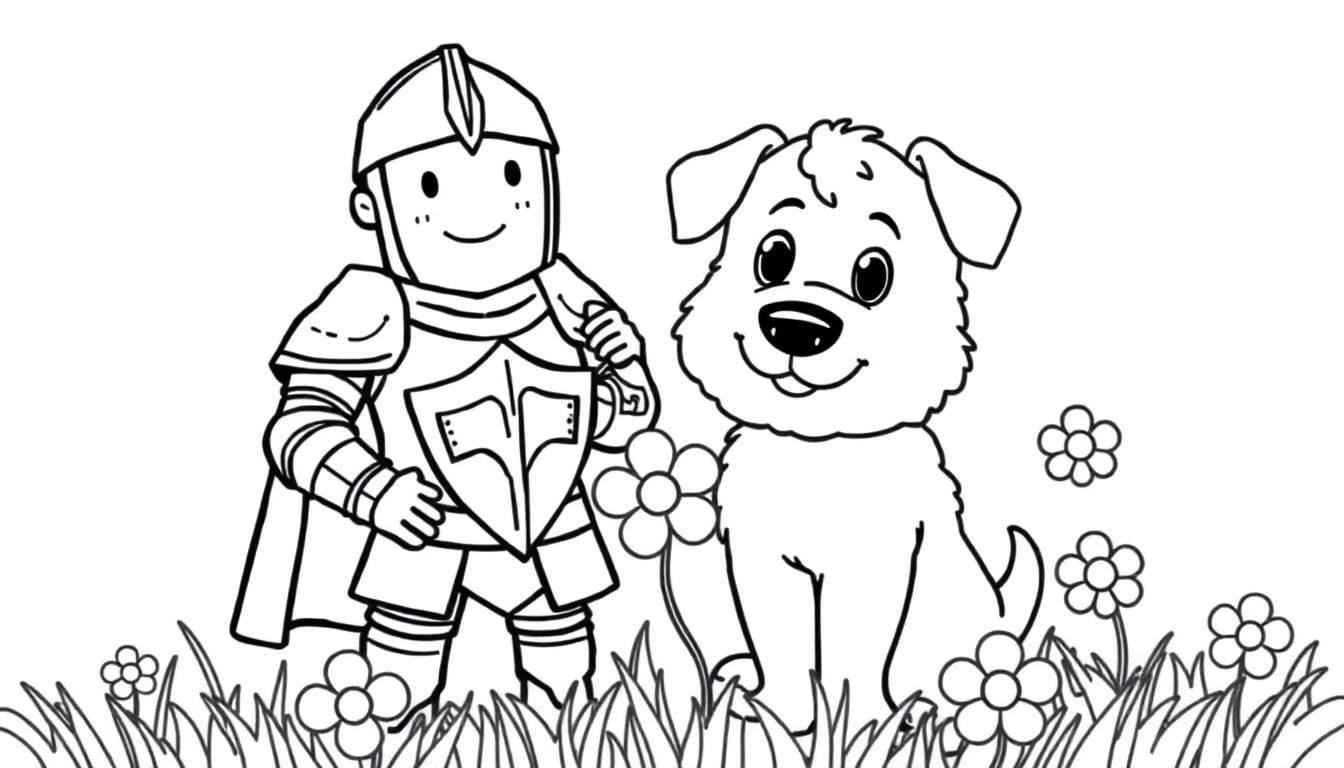 A cartoon knight with a smiling face, wearing armor and a cape, sits in a field with a furry dog.