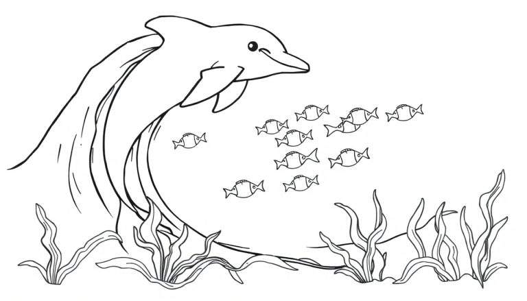 A cheerful black and white dolphin jumps from a wave, with a school of small fish and underwater plants, all ready for a color panel.
