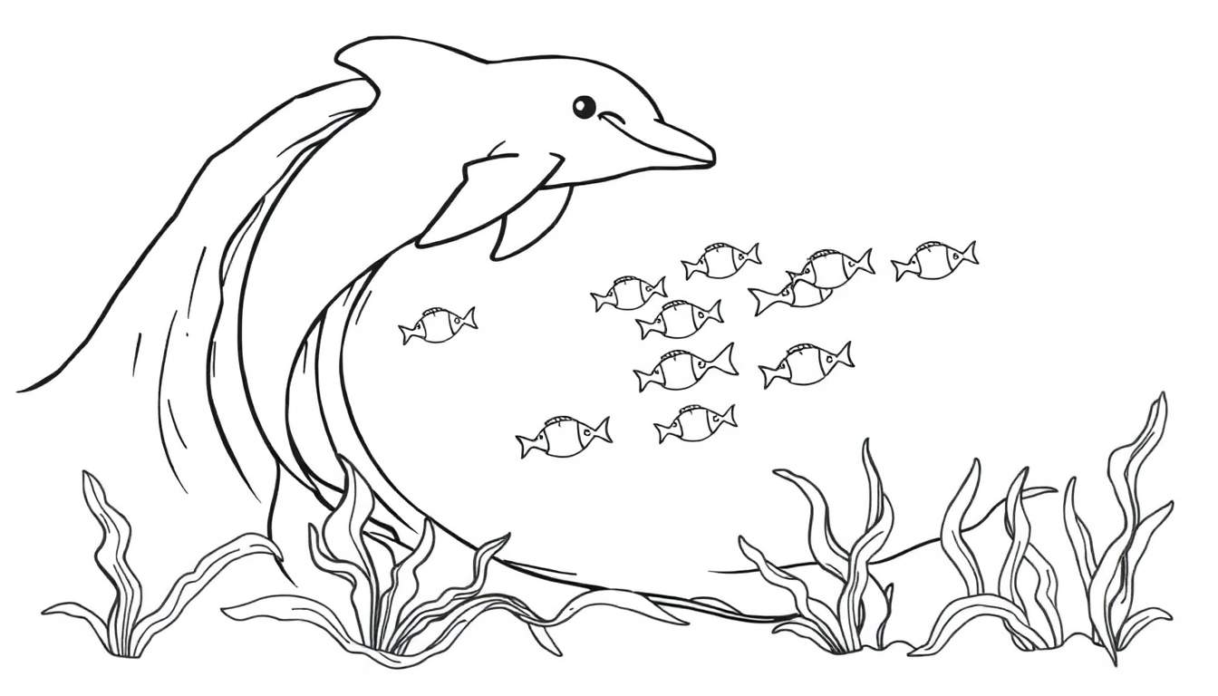 A cheerful black and white dolphin jumps from a wave, with a school of small fish and underwater plants, all ready for a color panel.