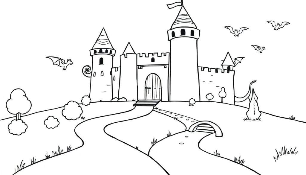A black and white illustration of a whimsical castle on a hill, with winding paths, trees, bushes, and flying creatures, presented as a color panel for kids.