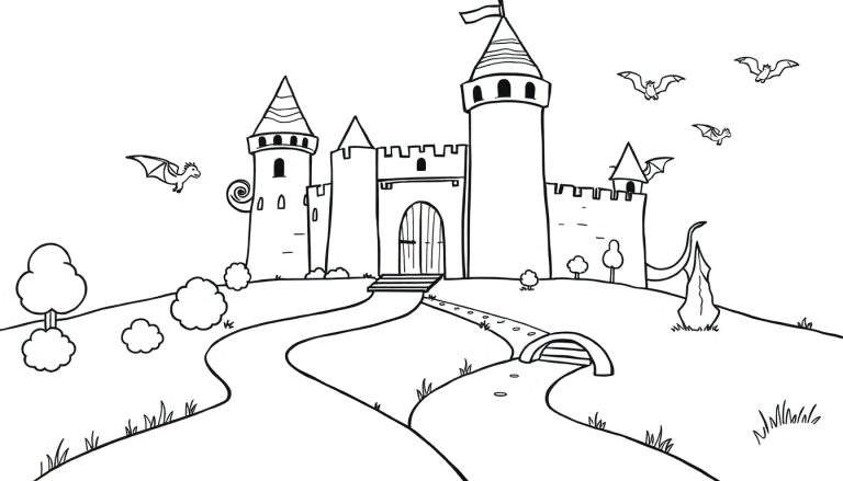 A black and white illustration of a whimsical castle on a hill, with winding paths, trees, bushes, and flying creatures, presented as a color panel for kids.