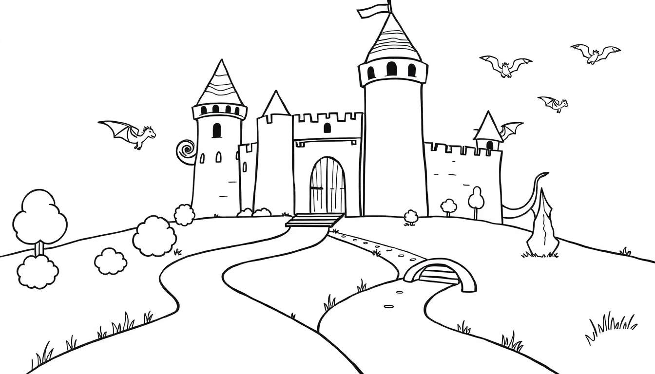 A black and white illustration of a whimsical castle on a hill, with winding paths, trees, bushes, and flying creatures, presented as a color panel for kids.