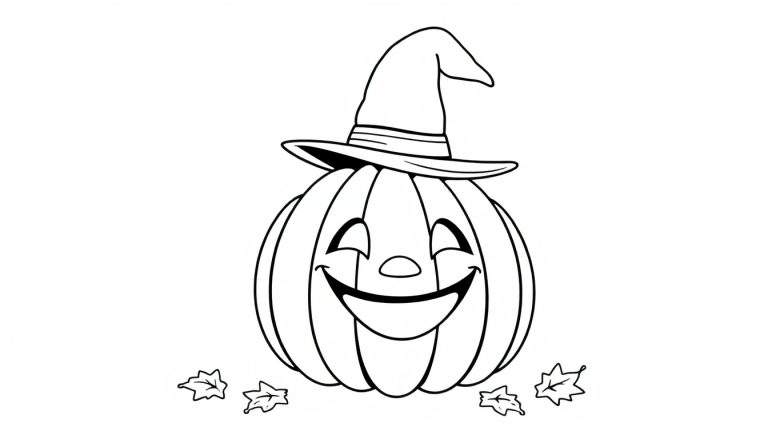 A friendly cartoon pumpkin wearing a witch's hat, shown in a black and white color panel.