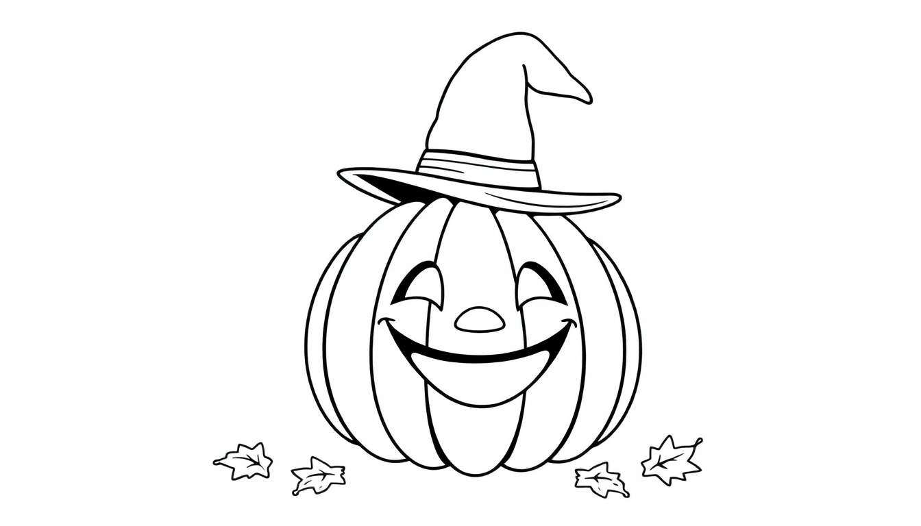 A friendly cartoon pumpkin wearing a witch's hat, shown in a black and white color panel.
