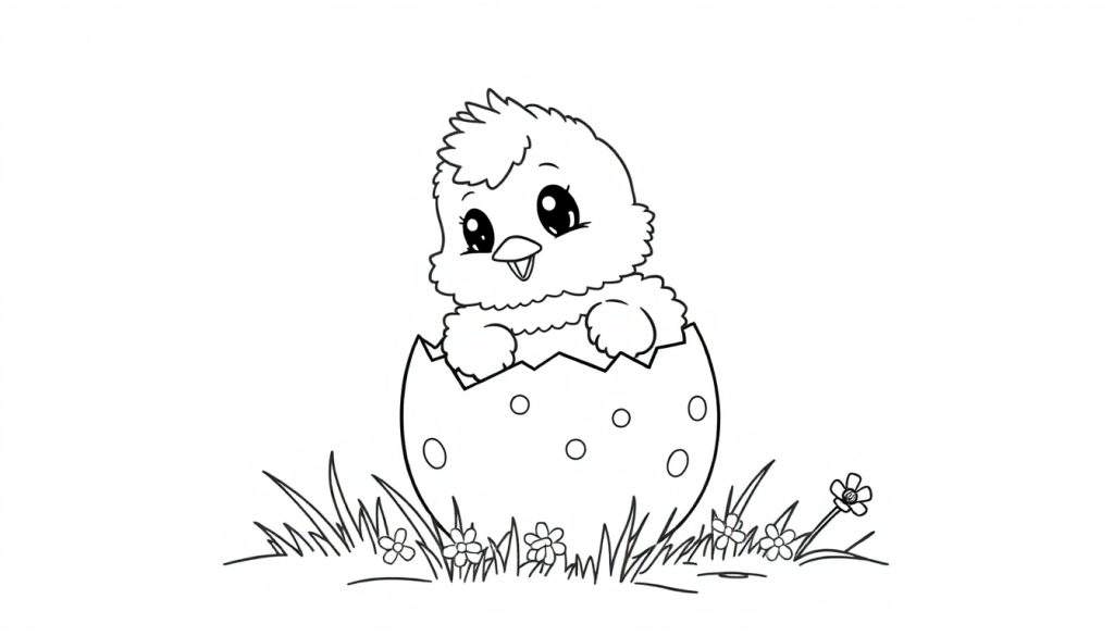 A cute baby chick hatching from a speckled egg, ready for coloring in this delightful color panel.