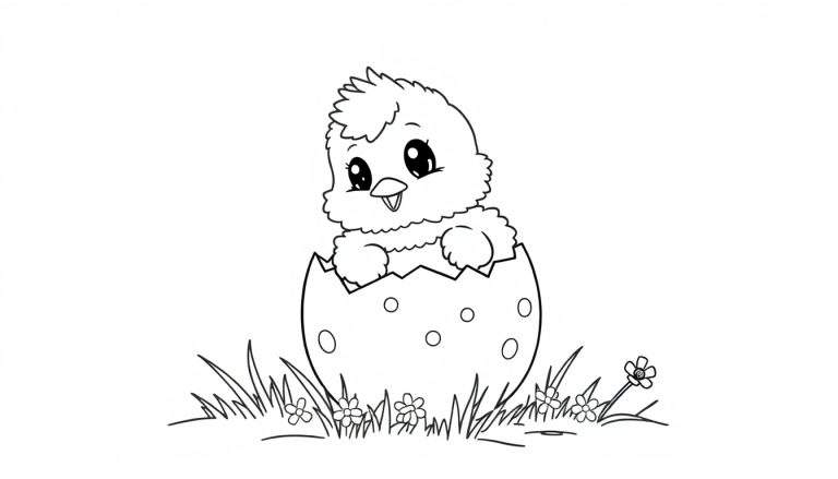 A cute baby chick hatching from a speckled egg, ready for coloring in this delightful color panel.
