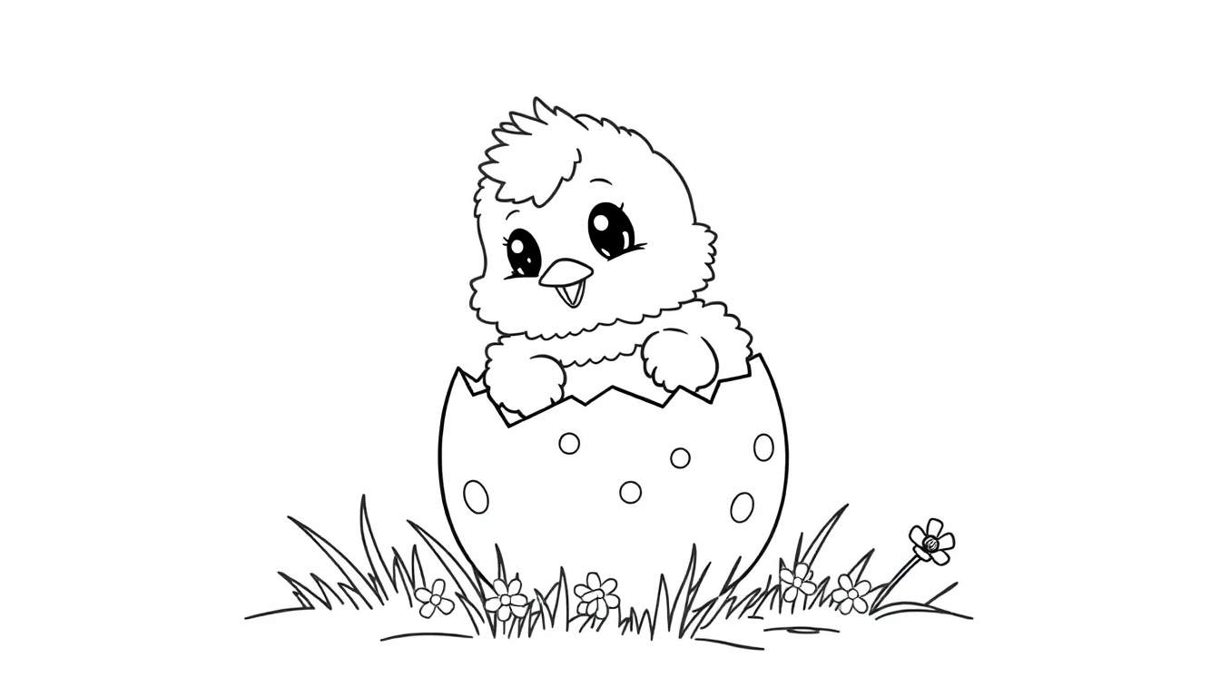 A cute baby chick hatching from a speckled egg, ready for coloring in this delightful color panel.