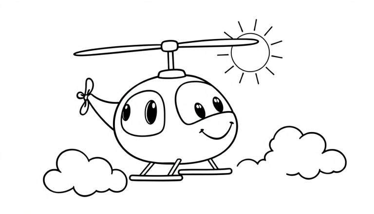 A smiling cartoon helicopter in a black and white color panel, flying through clouds under a sunny sky.