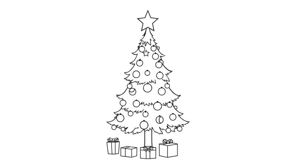 A black and white Christmas tree coloring panel with ornaments and a star.