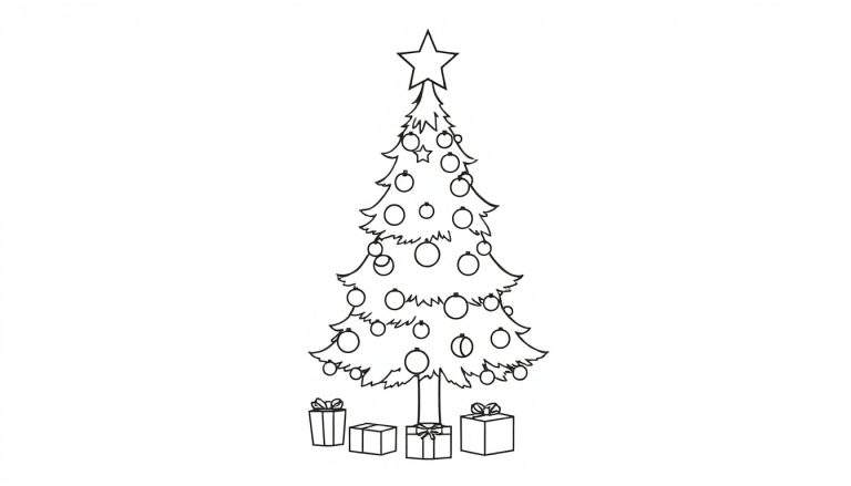 A black and white Christmas tree coloring panel with ornaments and a star.