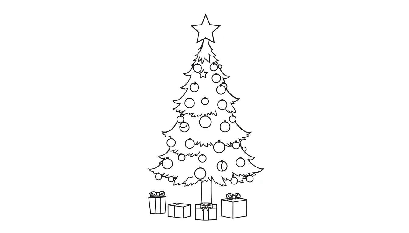 A black and white Christmas tree coloring panel with ornaments and a star.