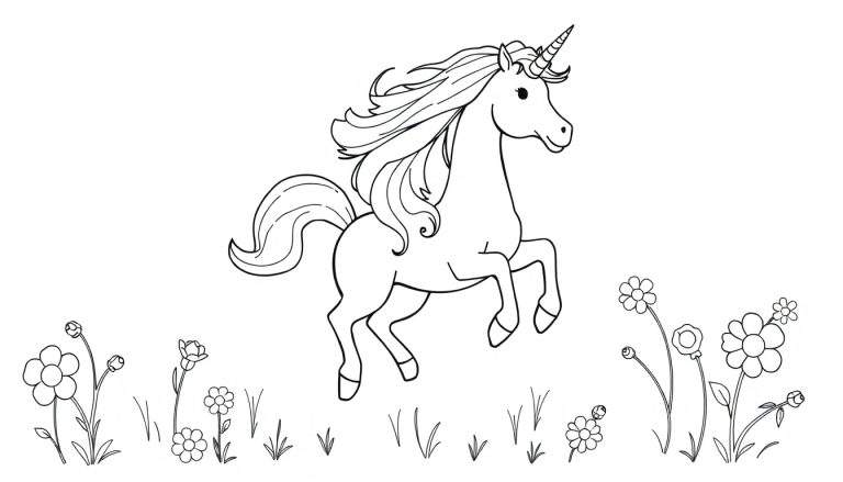 A happy unicorn prancing through a field of flowers, ready for coloring on this color panel.