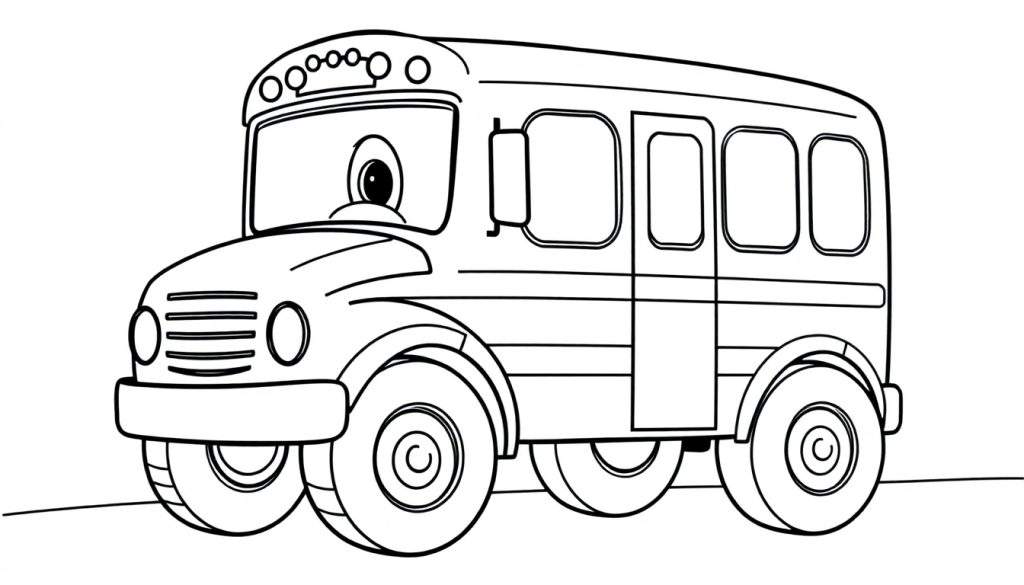 A friendly cartoon school bus, black and white color panel, with a big eye and large wheels, ready to be colored.
