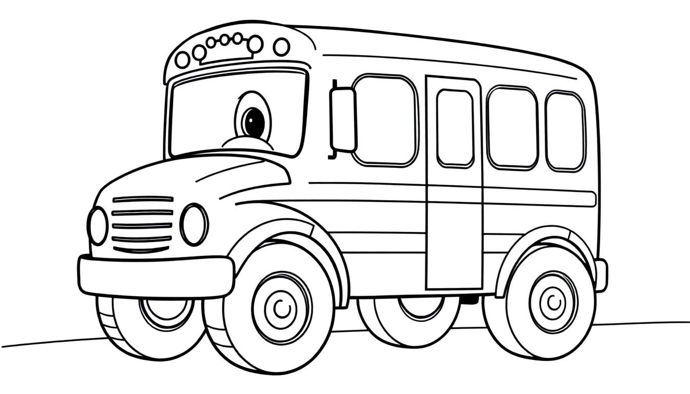 A friendly cartoon school bus, black and white color panel, with a big eye and large wheels, ready to be colored.