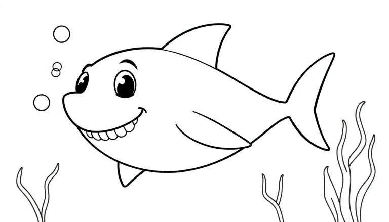 Friendly shark coloring panel with bubbles and seaweed.