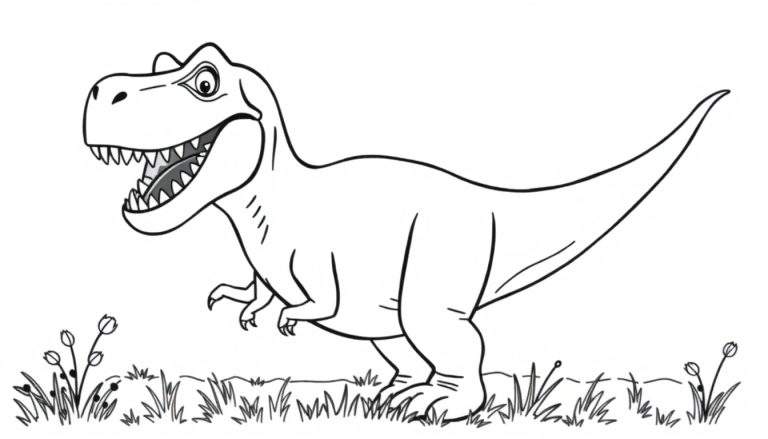 A friendly T-Rex roaring on a color panel.